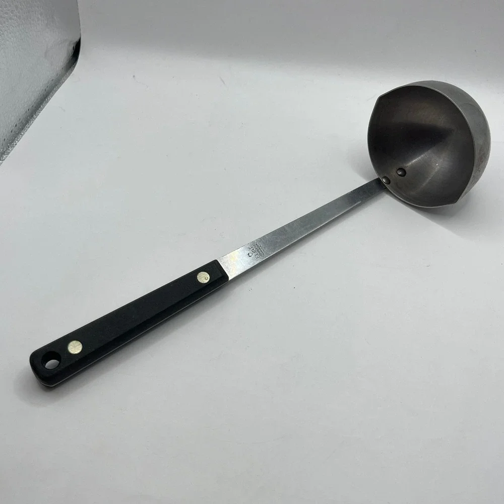 Vintage Ekco Flint Stainless Vanadium Soup Ladle Black Handle Dual Spout USA MCM